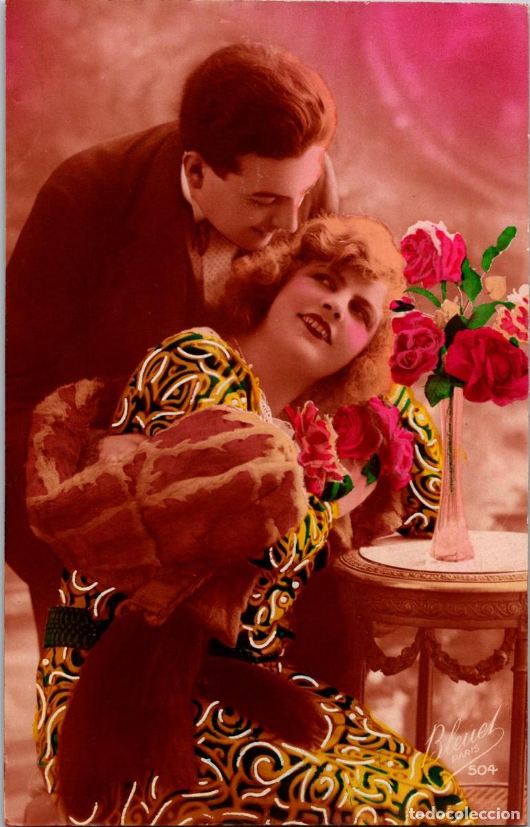 Postais: Postal Rom&aacute;ntica Francesa Coloreada - Pareja de Novios - Bleuet Par&iacute;s 504 - 135x87mm