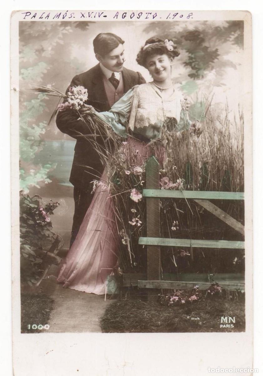Cartoline: Postal francesa principios del XX- circulada-Rom&aacute;ntica-Sello espa&ntilde;ol -enviada desde Palam&oacute;s-