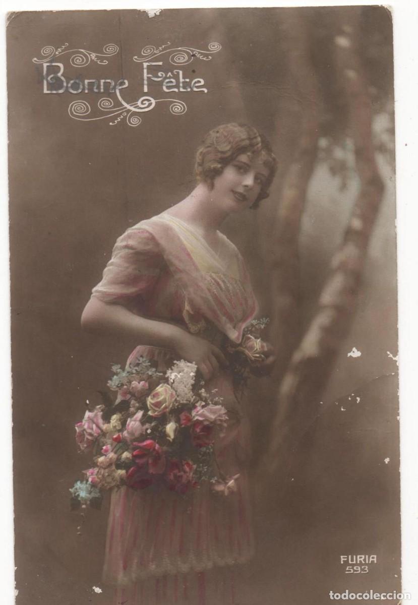 Cartoline: Postal francesa principios del XX-mujer-Rom&aacute;ntica-circulada-