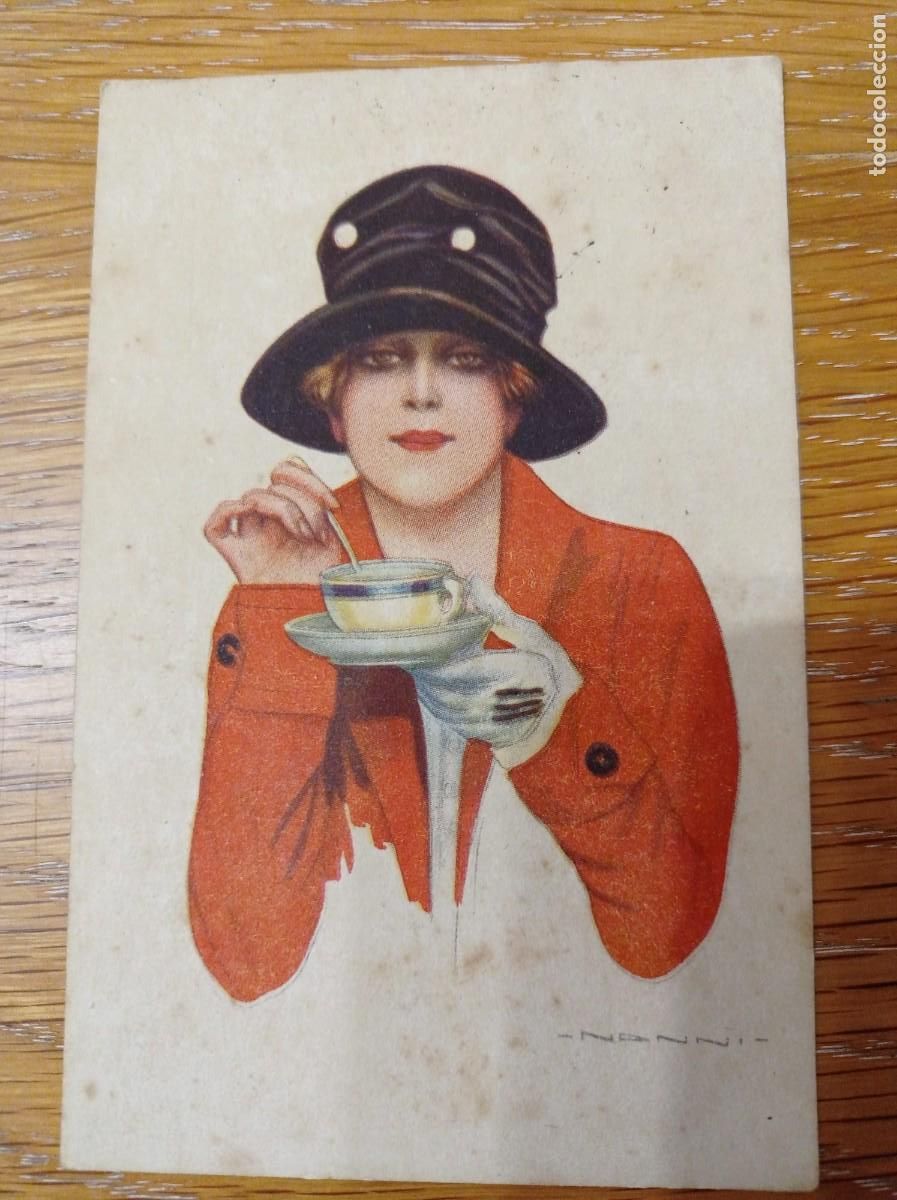 Postais: postal bella se&ntilde;orita tomando caf&eacute; circulada