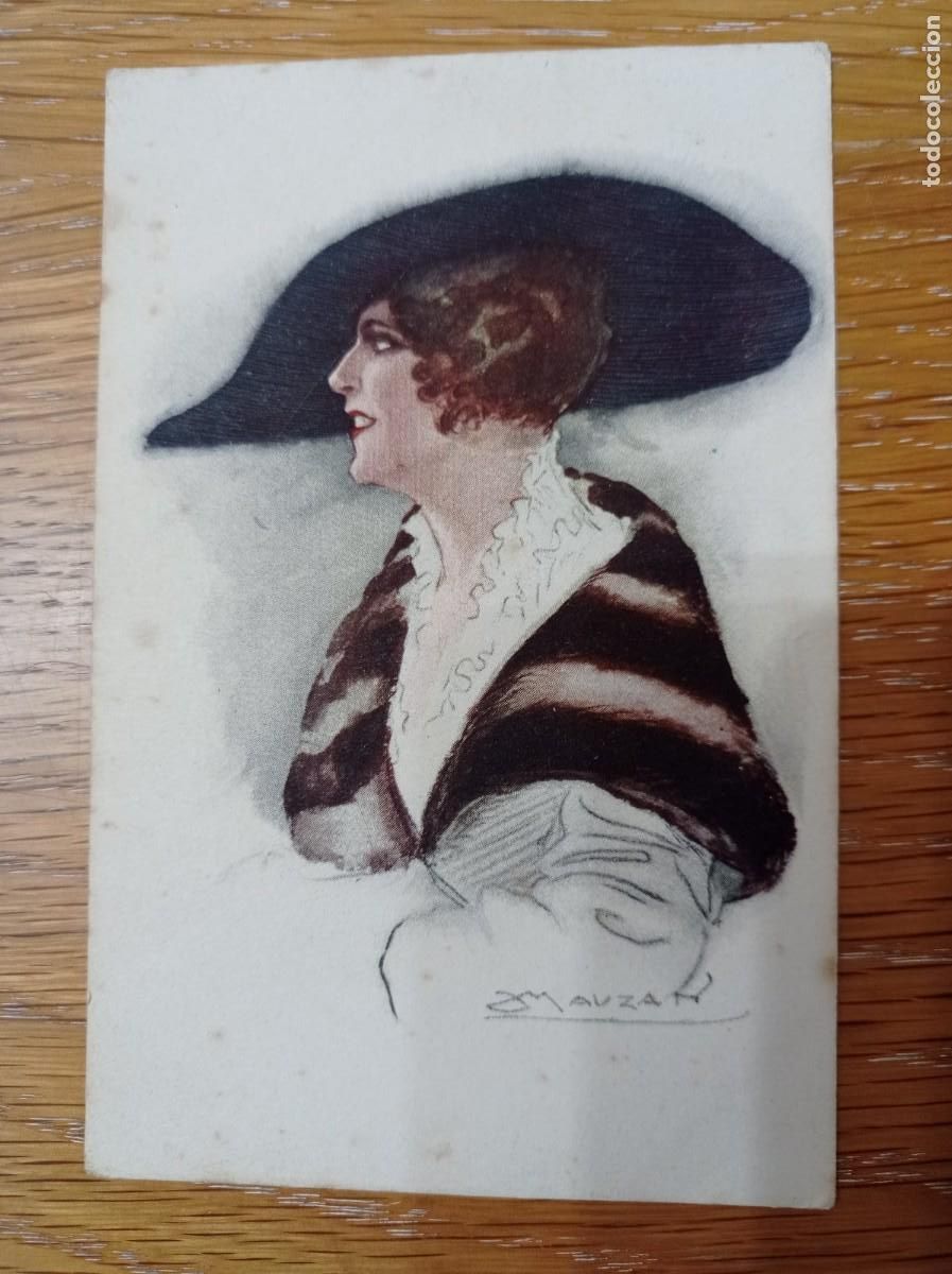 Postais: postal bella mujer con gran sombrero escrita