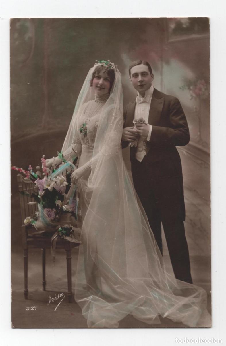 Postais: POSTAL DE PAREJA CON TRAJE DE BODA A&Ntilde;OS 20 ESCRITA