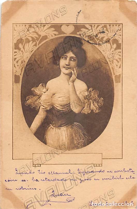 Postais: Postal de 1902 con un dibujo de una se&ntilde;ora de la &eacute;poca - Escrita en espa&ntilde;ol