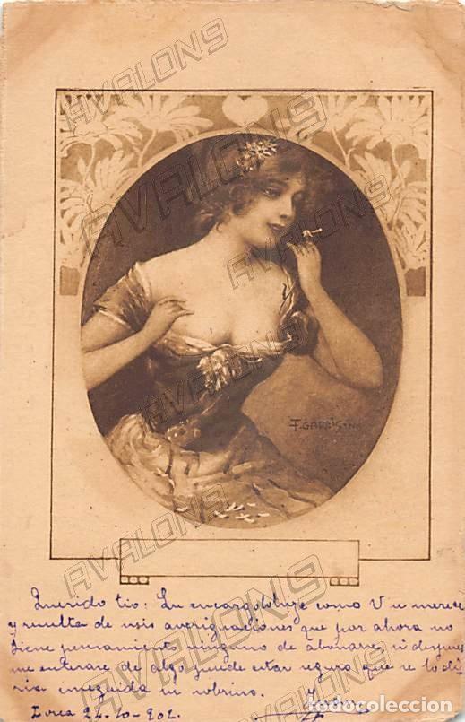 Cartoline: Postal de 1902 con un dibujo de una se&ntilde;ora de la &eacute;poca - Escrita en espa&ntilde;ol