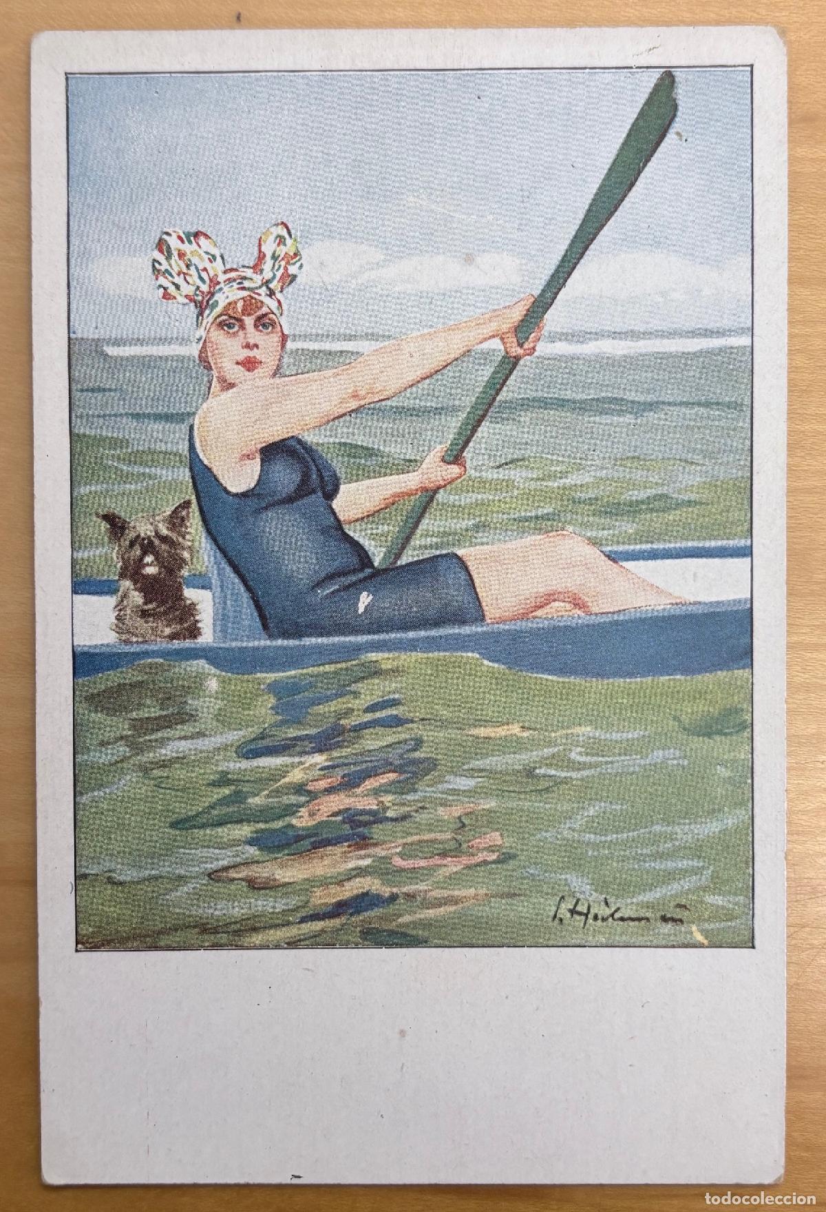 Postales: TARGETA POSTAL CON MUJER BA&Ntilde;ISTA REMANDO Y SELLO MODERNISTA. ESPA&Ntilde;A, C. 1930.