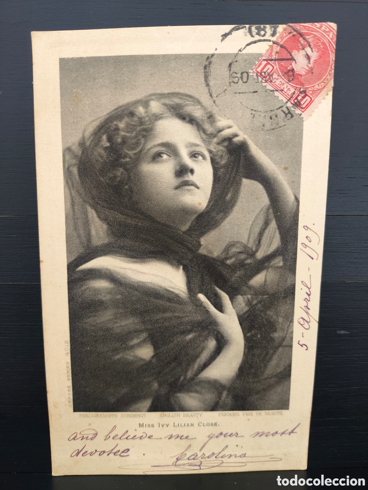 Postales: Antigua postal Miss Ivy Lilian Close actriz cine mudo y modelo brit&aacute;nica primera reina belleza 1909