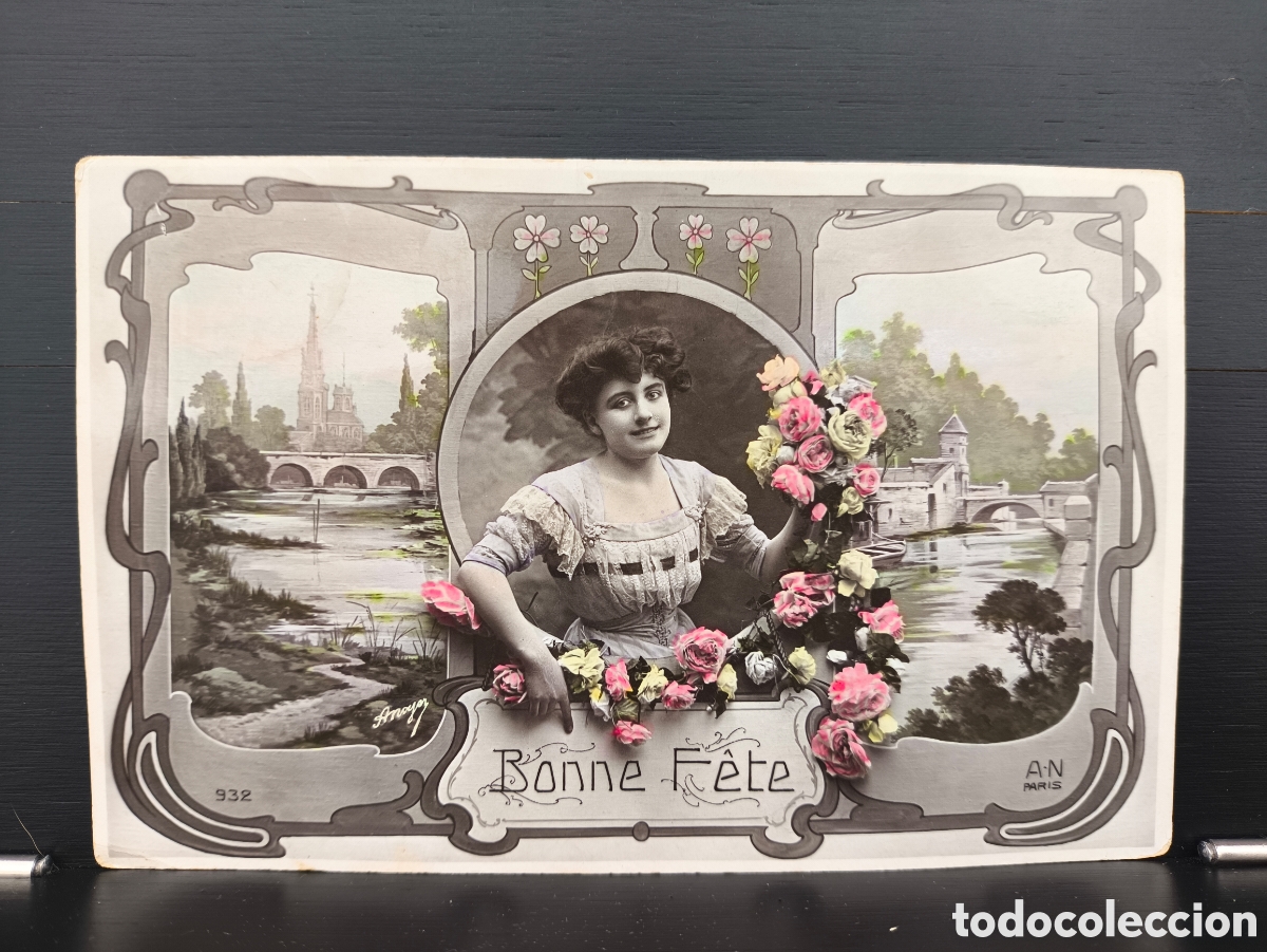 Postales: Antigua postal fotogr&aacute;fica coloreada Art Nouveau mujer flores rosas Felicidades Ed. Armand Noyer