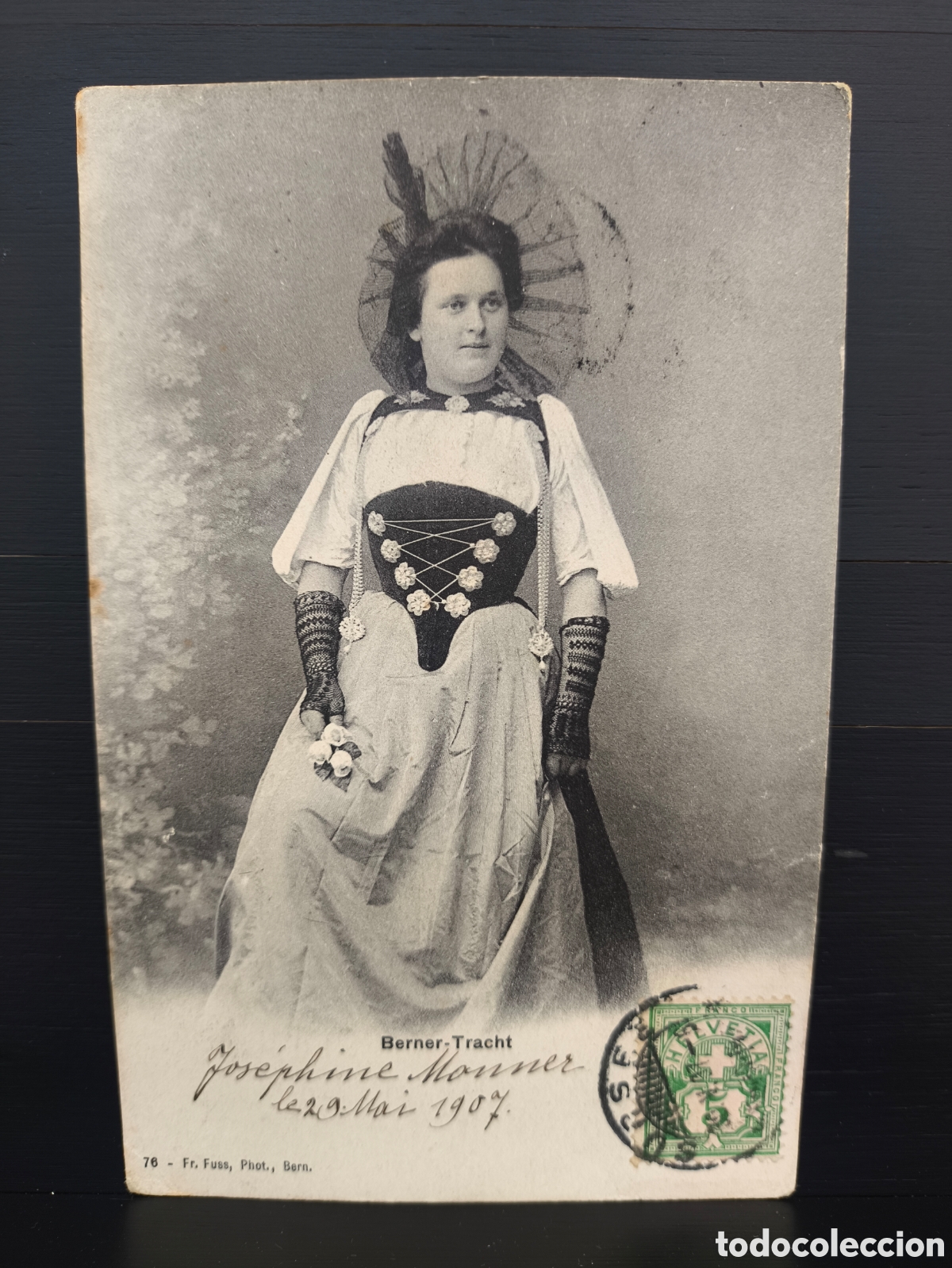 Postales: Antigua postal fotograf&iacute;a de estudio retrato mujer traje tradicional Berna Suiza Foto Fr. Fuss 1907