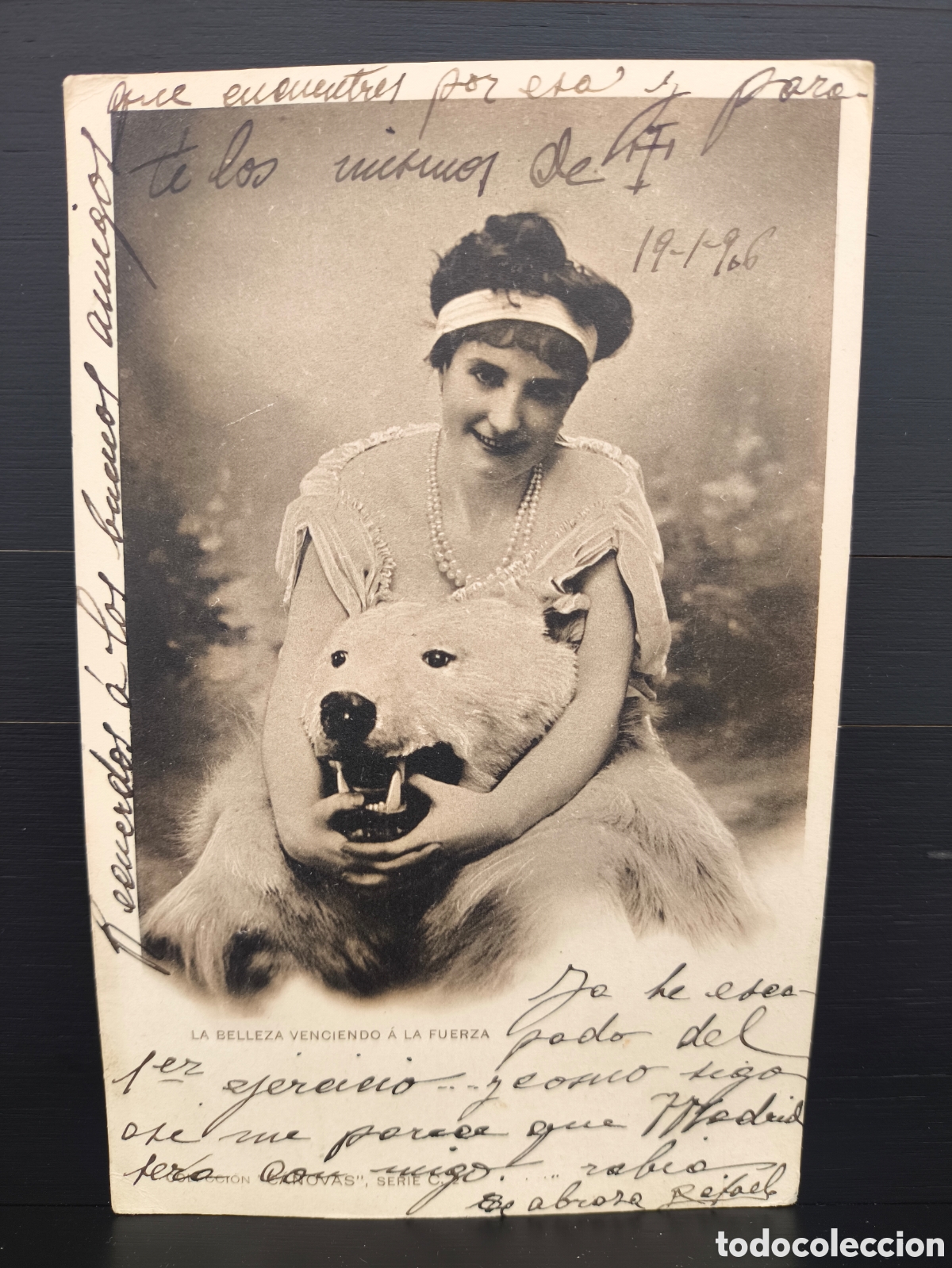 Postales: Antigua postal fotograf&iacute;a de estudio retrato mujer La Belleza Venciendo a la Fuerza Ed. C&aacute;novas 1906