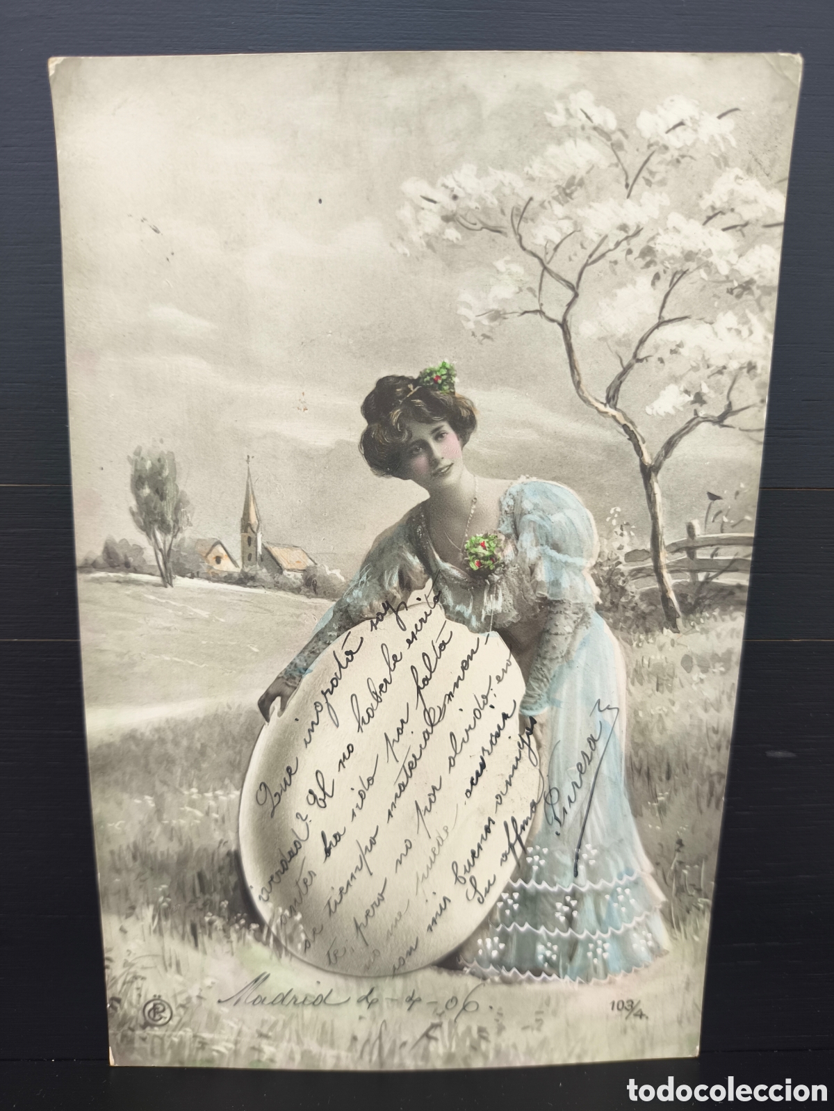 Postales: Antigua postal fotogr&aacute;fica coloreada Pascua mujer joven huevo Belle &Eacute;poque rom&aacute;ntica fantas&iacute;a 1906