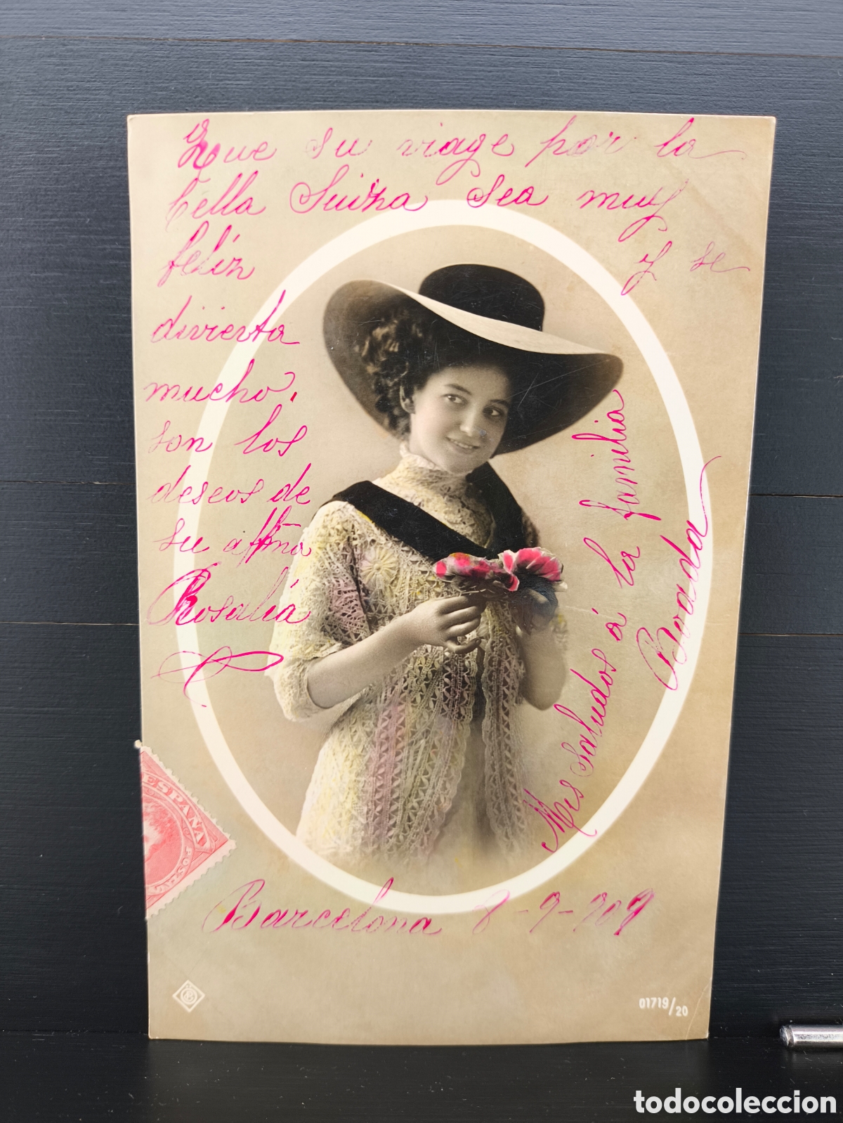 Postales: Antigua postal fotogr&aacute;fica coloreada retrato de mujer joven Belle &Eacute;poque rom&aacute;ntica fantas&iacute;a 1909