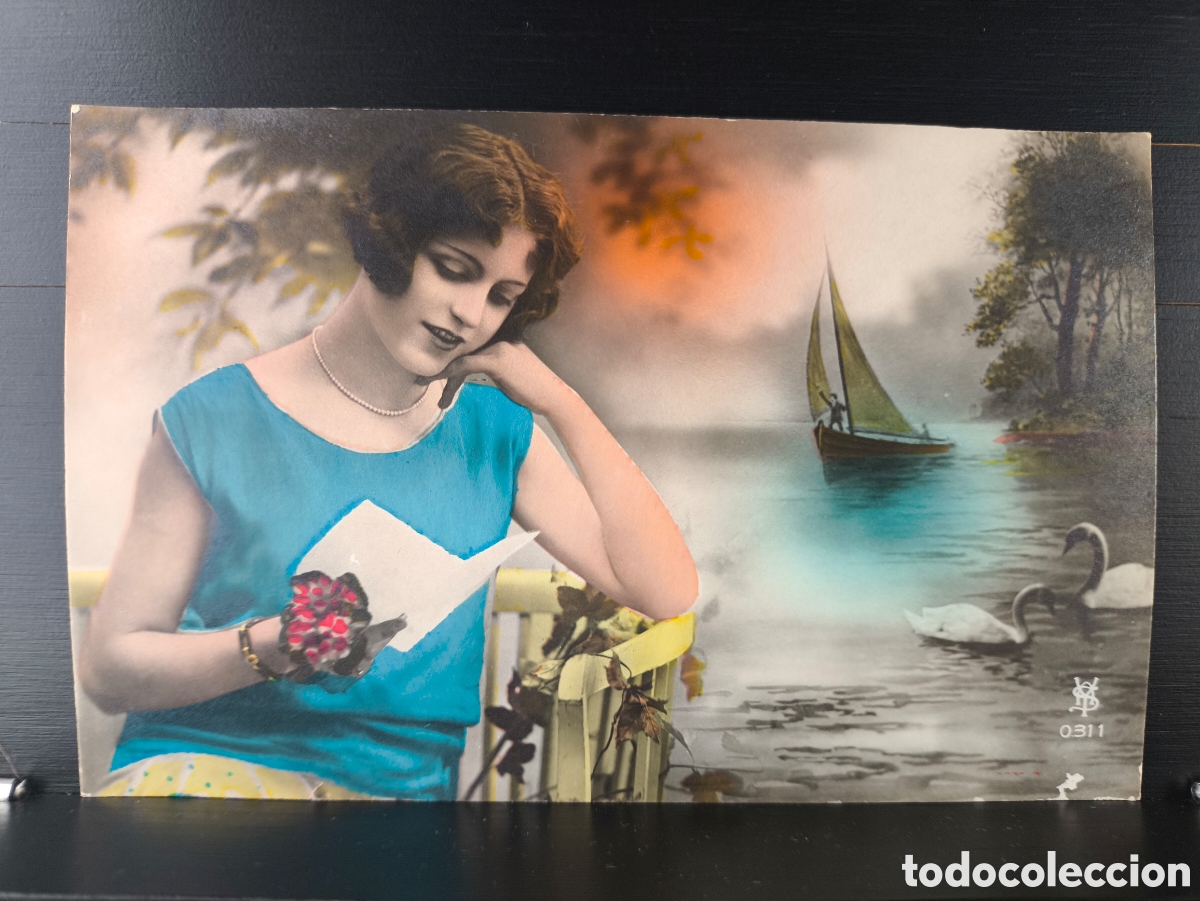 Postales: Antigua postal fotogr&aacute;fica coloreada retrato de mujer joven Art D&eacute;co rom&aacute;ntica fantas&iacute;a art&iacute;stica