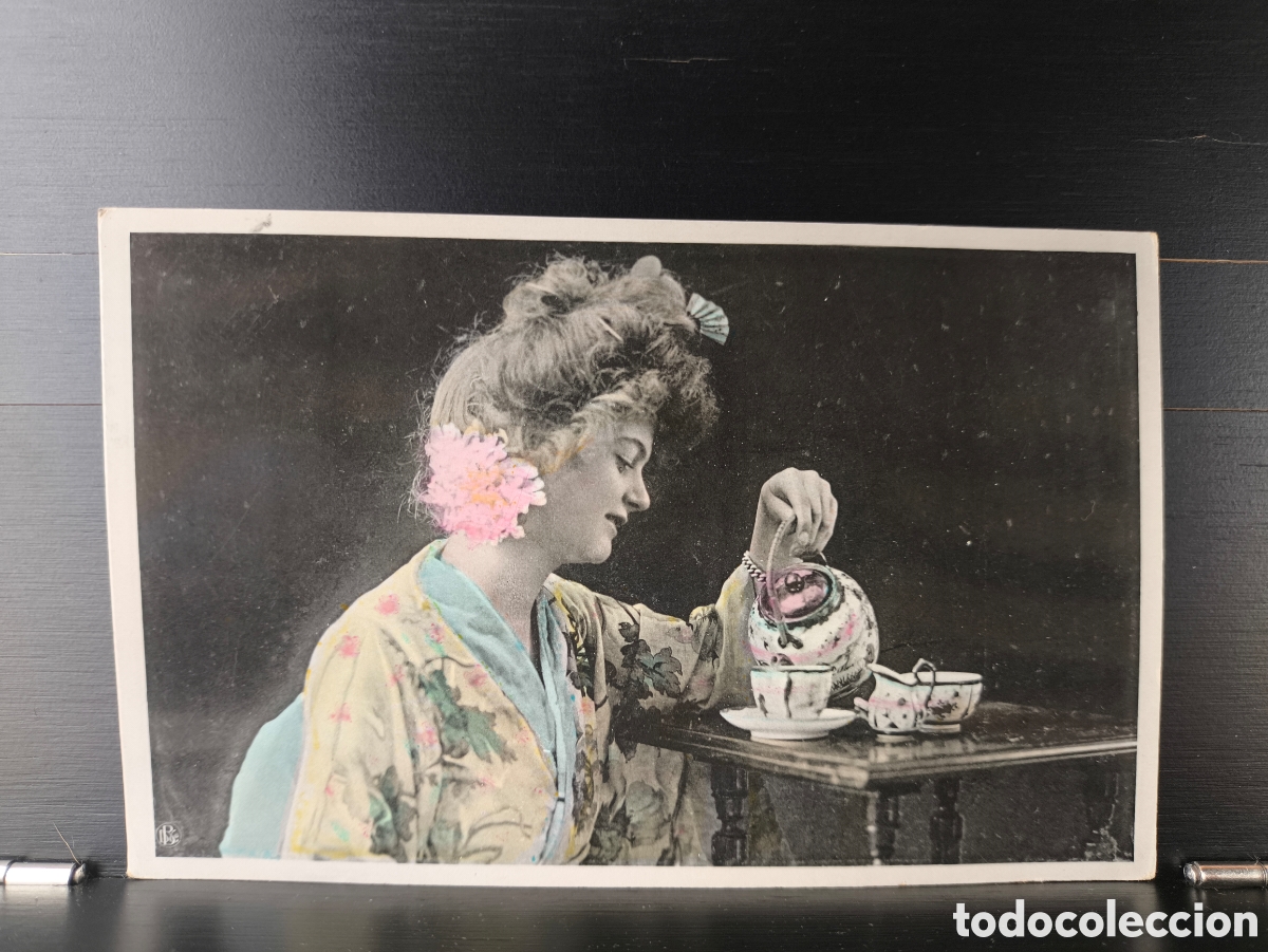 Postales: Antigua postal fotogr&aacute;fica coloreada retrato mujer joven kimono Orientalista rom&aacute;ntica fantas&iacute;a 1911
