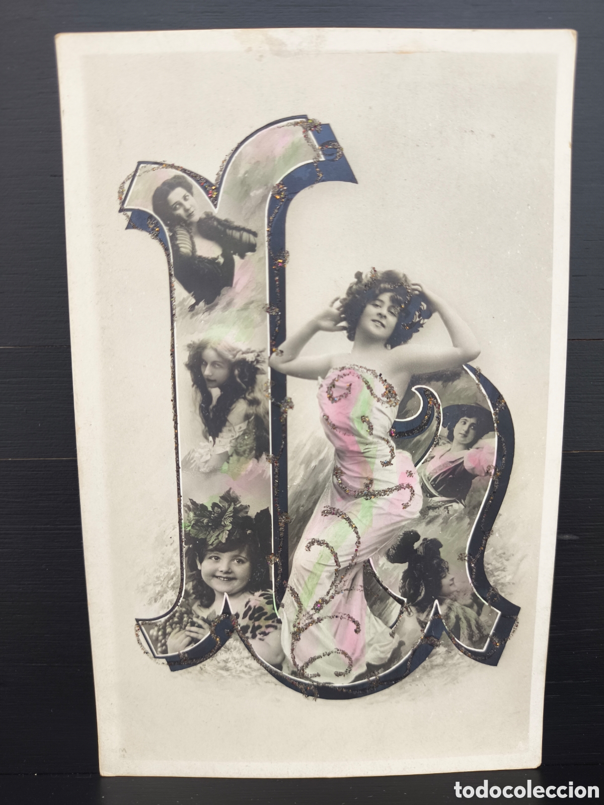 Postales: Antigua postal fotogr&aacute;fica coloreada purpurina mujer alfabeto letra L Art Nouveau rom&aacute;ntica fantas&iacute;a