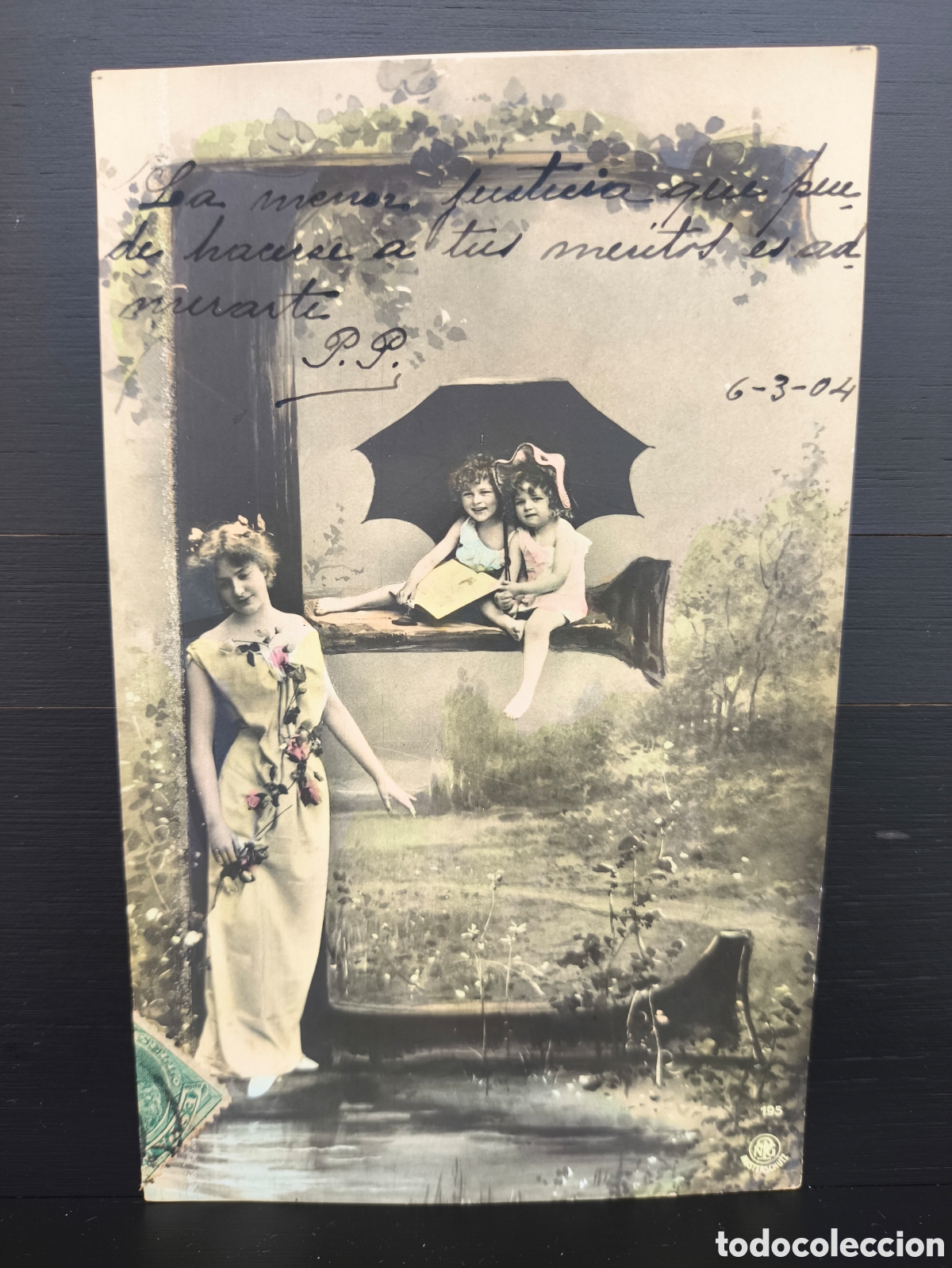 Postales: Antigua postal fotogr&aacute;fica coloreada mujer ni&ntilde;o alfabeto letra E Art Nouveau rom&aacute;ntica fantas&iacute;a 1904