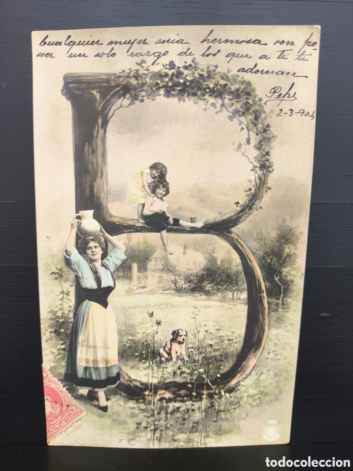 Postales: Antigua postal fotogr&aacute;fica coloreada mujer ni&ntilde;o alfabeto letra B Art Nouveau rom&aacute;ntica fantas&iacute;a 1904
