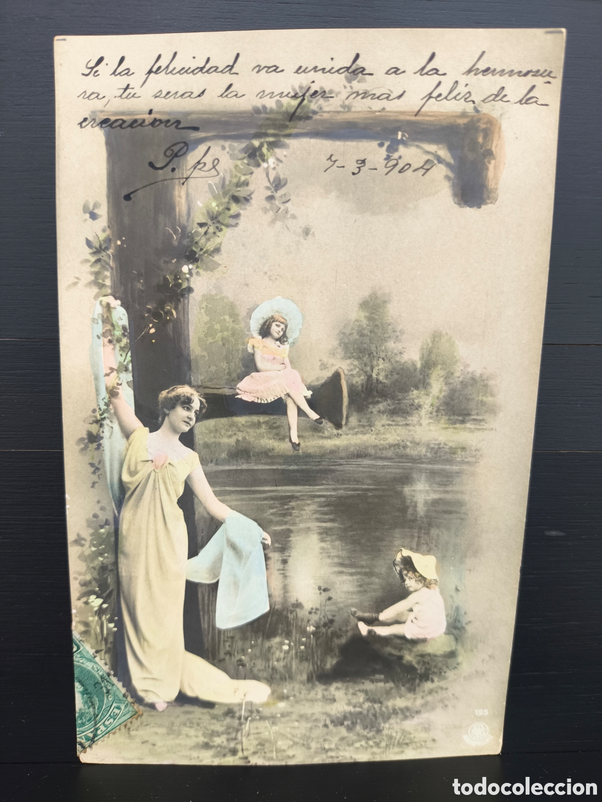 Postales: Antigua postal fotogr&aacute;fica coloreada mujer ni&ntilde;o alfabeto letra F Art Nouveau rom&aacute;ntica fantas&iacute;a 1904