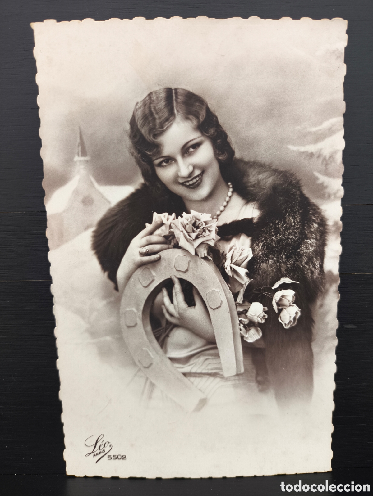 Postales: Antigua postal fotogr&aacute;fica retrato de mujer joven herradura Art D&eacute;co rom&aacute;ntica fantas&iacute;a art&iacute;stica