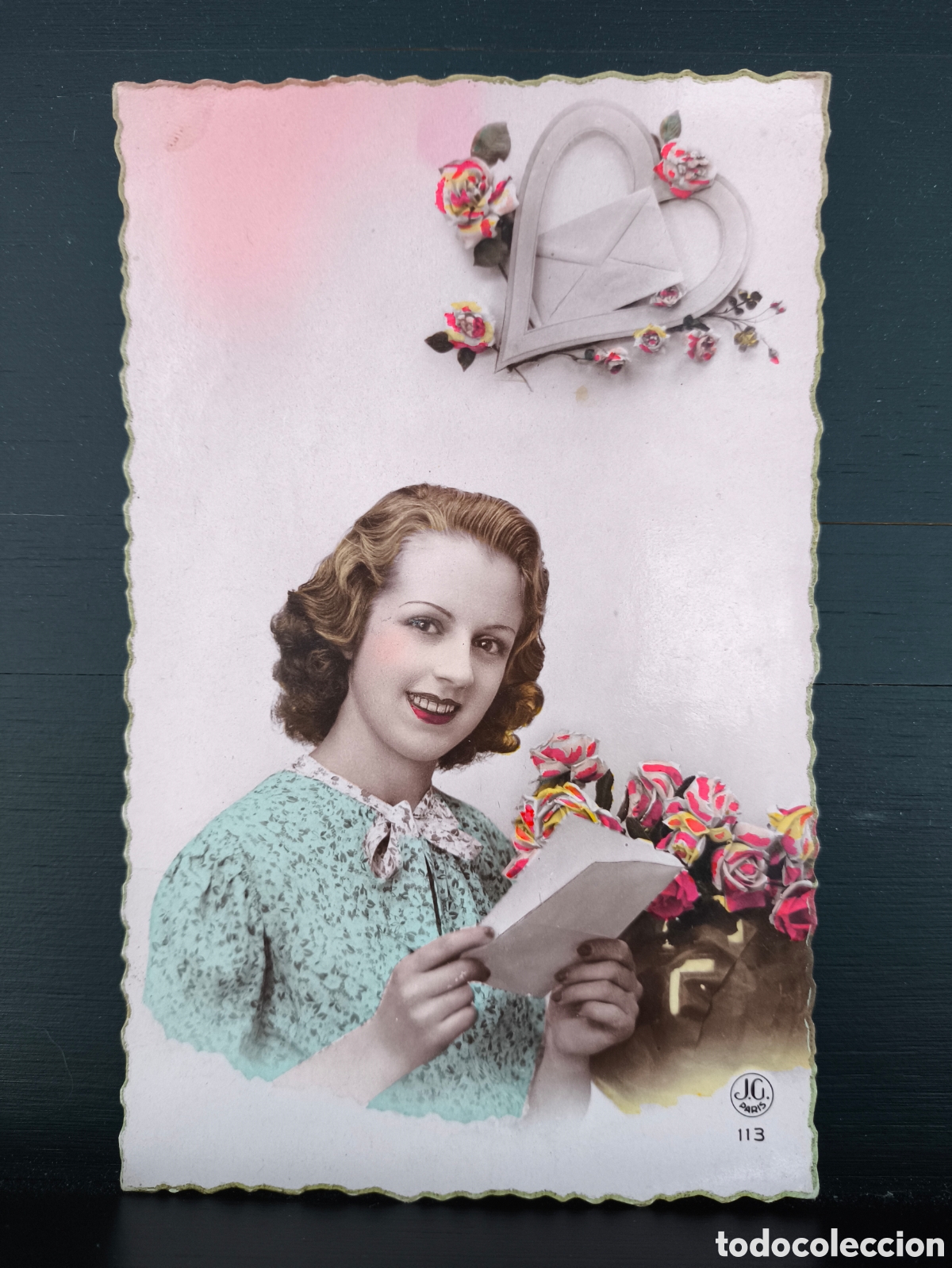 Postales: Antigua postal fotogr&aacute;fica coloreada retrato mujer joven flores rom&aacute;ntica fantas&iacute;a art&iacute;stica