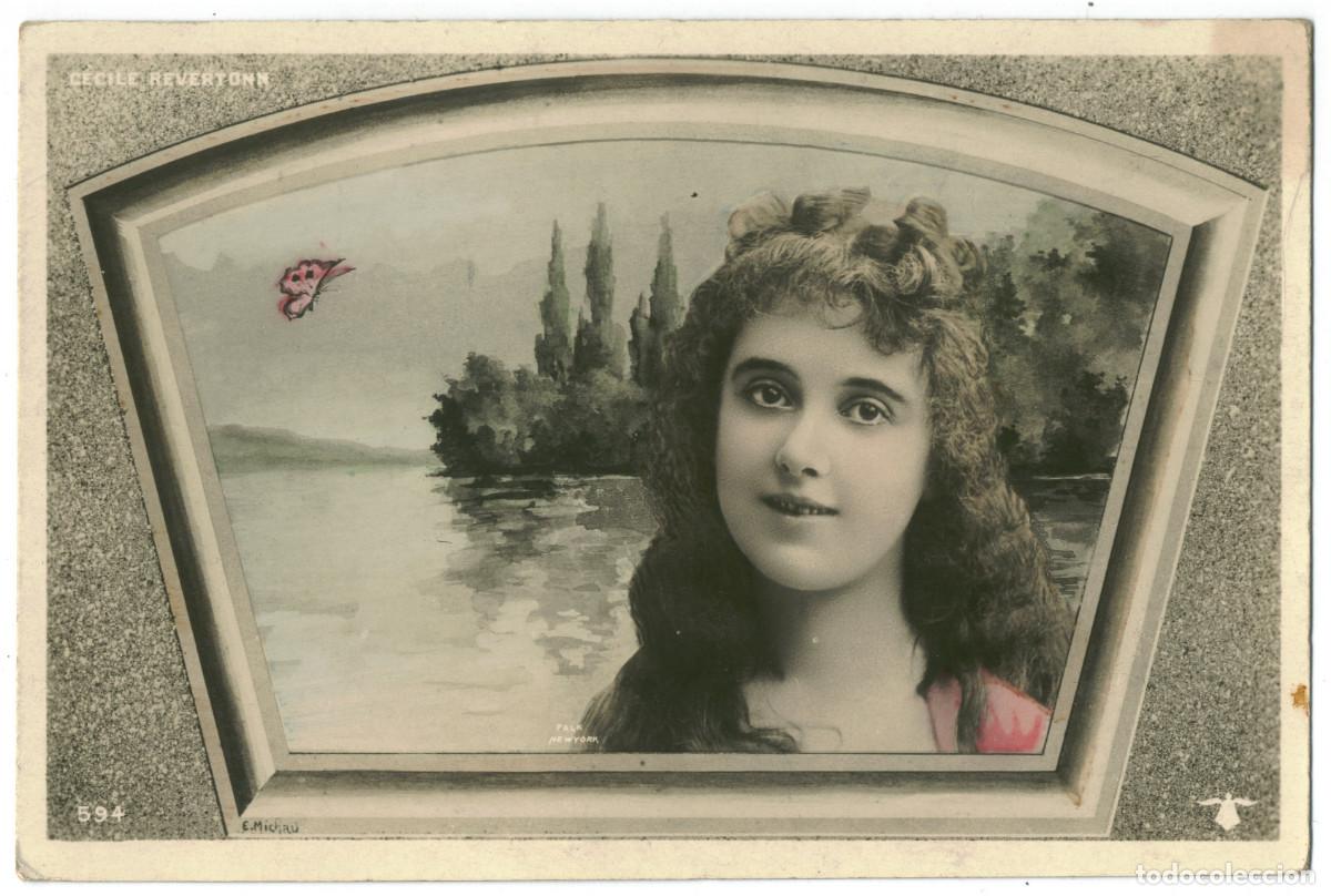 Postales: Actriz belle epoque REVERTONN, Cecile_Campana alada. 594. Photo Falk (New York). Illustr E. Michau