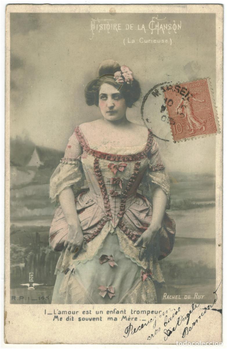 Postales: Actriz belle epoque RUY, Rachel de_EPA. Casco alado (RPI; 145). Histoire de la Chanson. La Curieuse