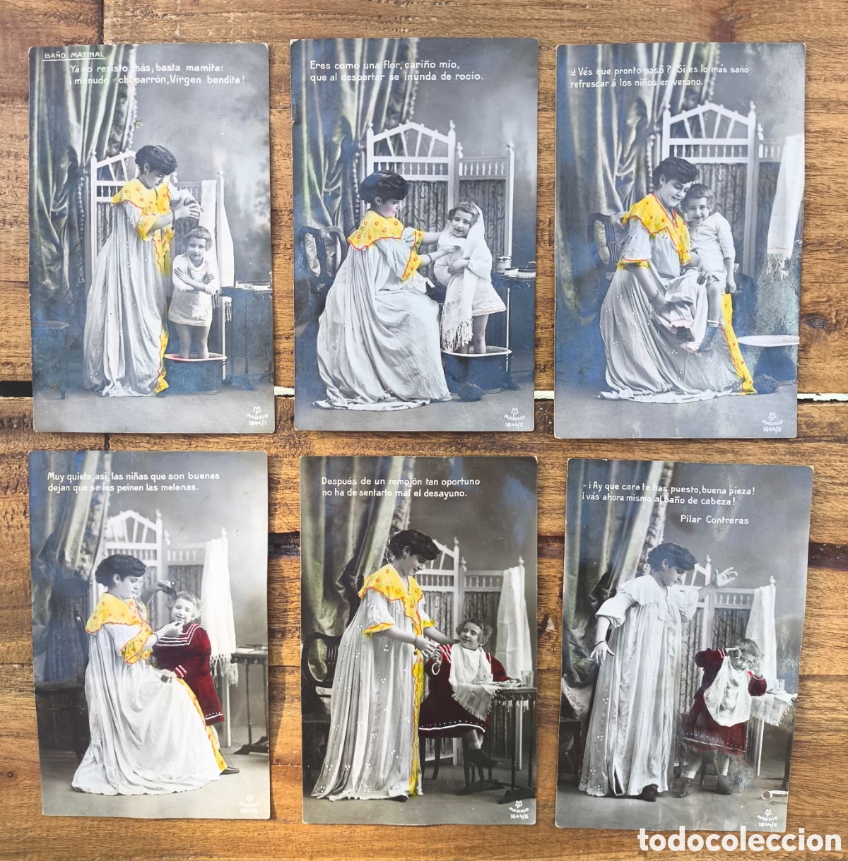 Postales: Lote antiguas postales foto coloreadas Serie Completa Ba&ntilde;o Matinal madre hija texto Pilar Contreras