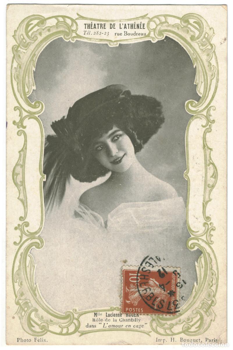 Postales: Actriz belle &eacute;poque ROGER, Lucienne_H. Bouquet. As Cantilly in L'amour en cage. Photo F&eacute;lix