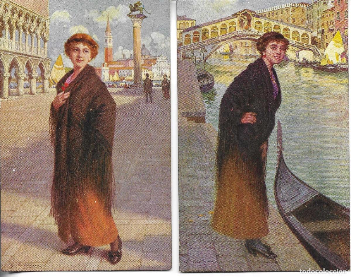 Postales: &rdquo;&rdquo;Damas Venecianas&rdquo; Lote de 2 postales antiguas ilustradas Italianas. Firmadas.