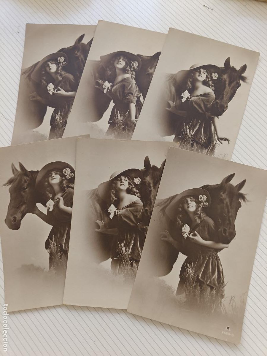 Postales: 6 postales galantes. Mujer y caballo