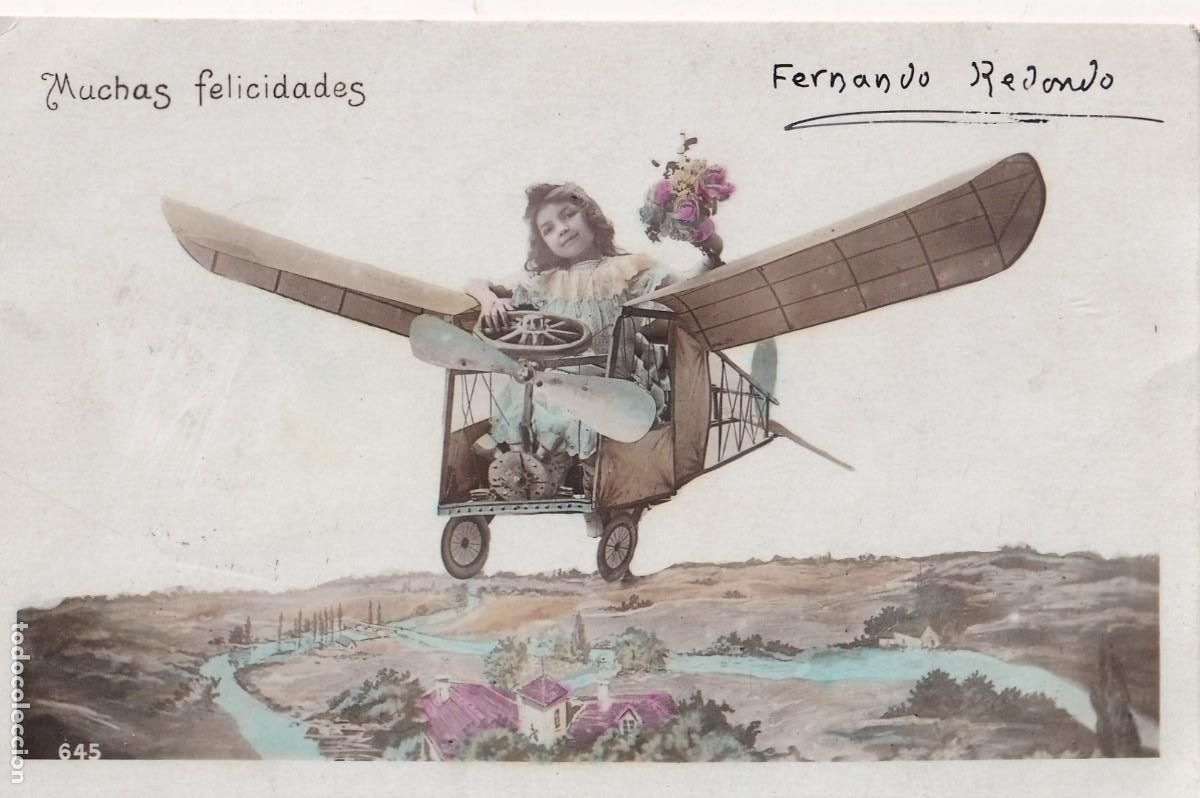 Postales: Postal muchas felicidades. Ni&ntilde;a en avi&oacute;n. Escrita. Sin circular.