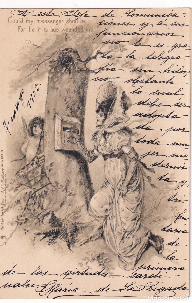 Postales: Postal ilustrada. cupido y mujer echado carta de amor. Reverso sin dividir. Escrita. Sin circular,