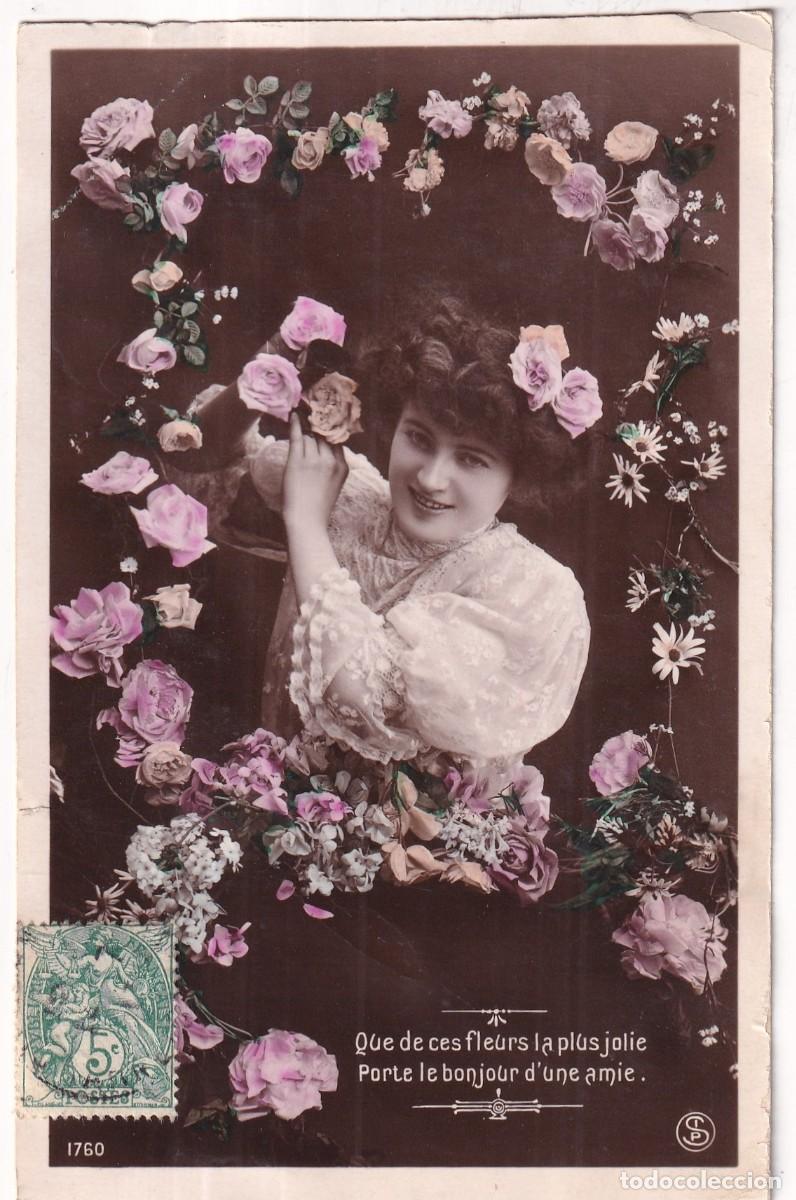 Postales: Postal mujer con flores. Circulada.