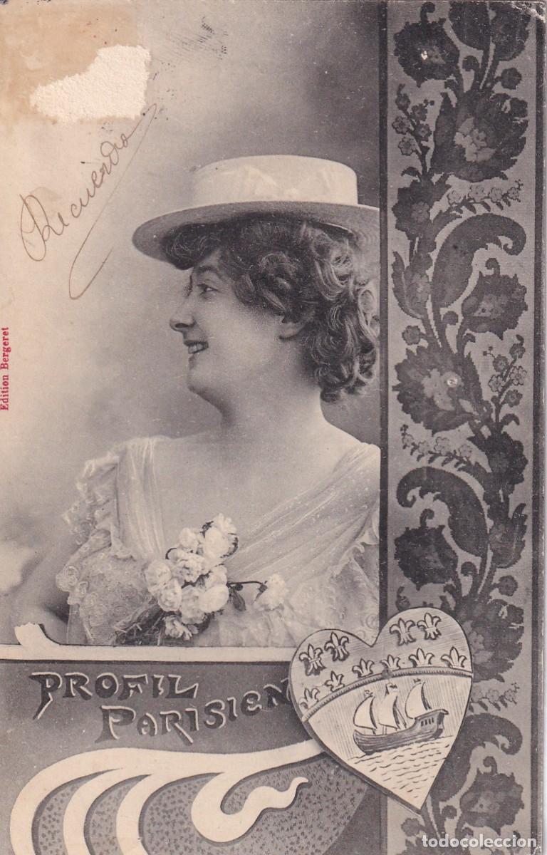 Postales: Postal mujer con sombrero y flores. Profil parisien. Bergeret. Sello arrancado.