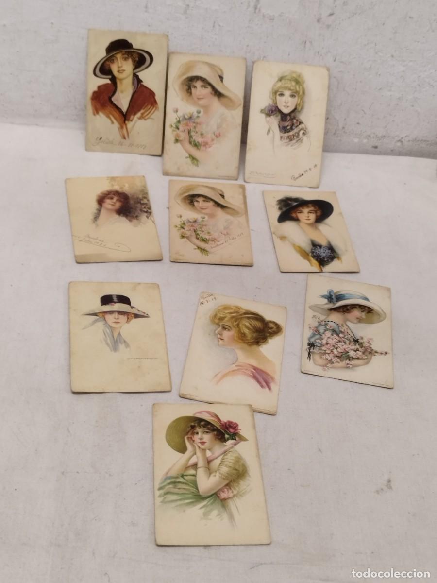 Postales: Colecci&oacute;n de 10 antiguas postales. De chicas, mujeres. De principios siglo XX.