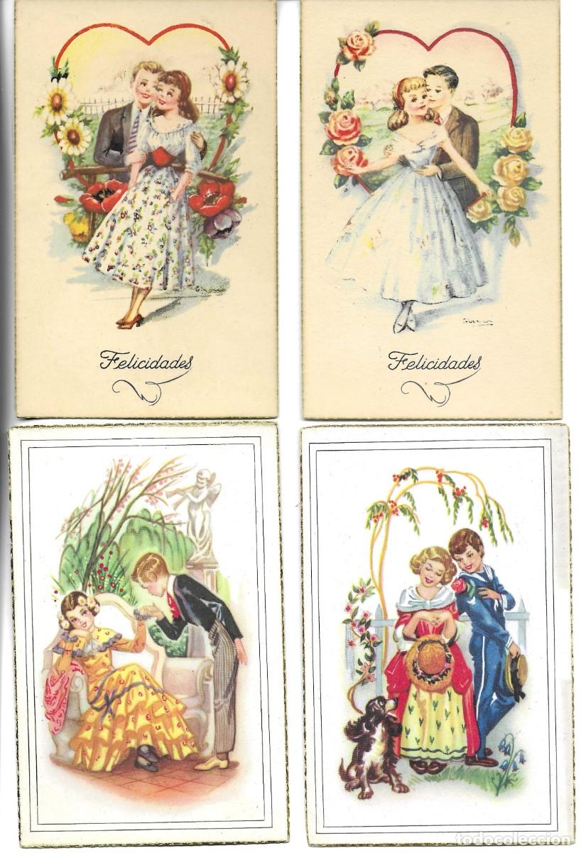 Postales: Parejas. Romances divrsos. Lote de 4 postales ilustradas. 1950s. 9 x 14 cms..