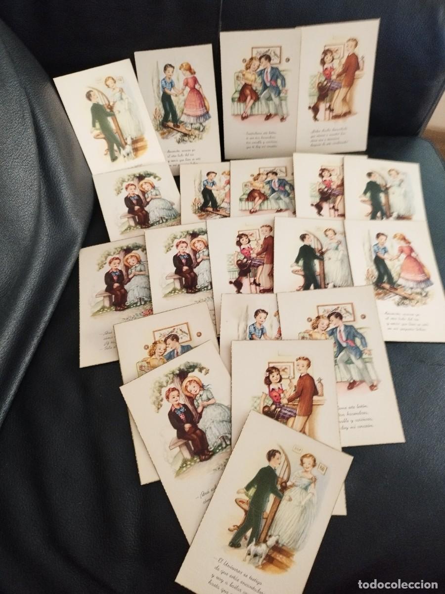 Postales: Coleccion de 20 antiguas tarjetas postales de hombre y mujer, galan. Con frases en la base.