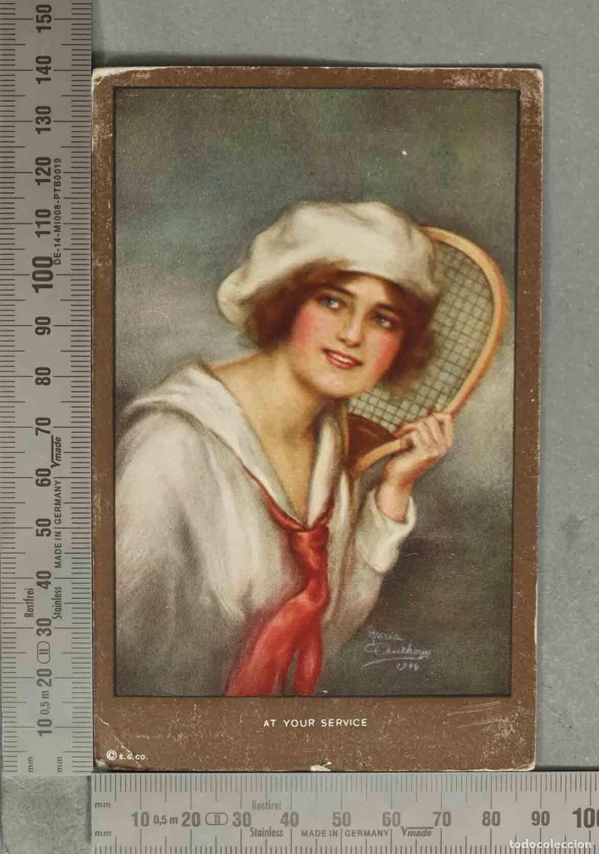 Postales: POSTAL. At Your Service - Tennis Girl Vintage Glamour - E.S. and Co.