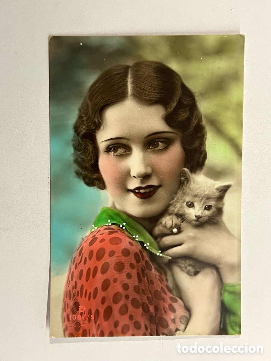 Postales: SAN MARTIN DEL RIO, Teruel. Postal Rom&aacute;ntica de corte Modernista.. la Joven del Gatito (h.1920?)