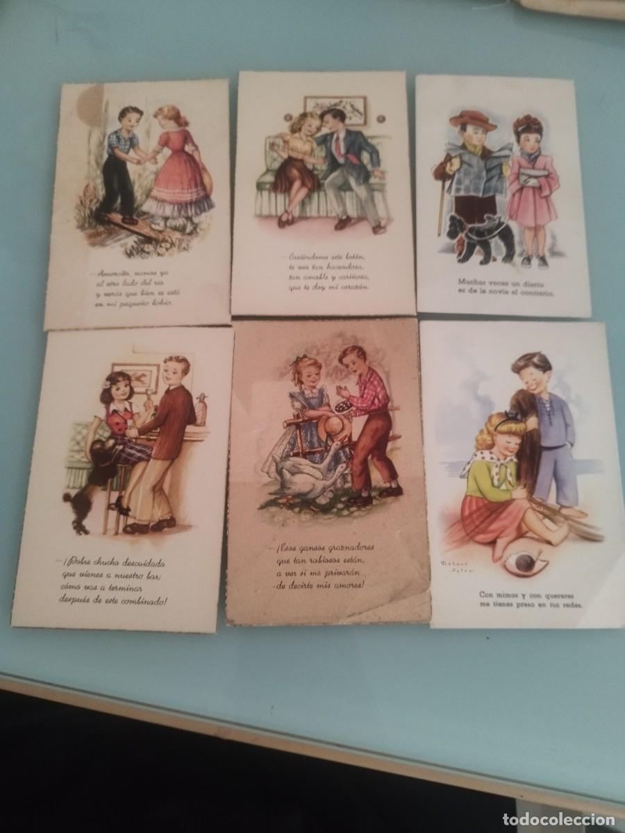 Postales: 6 tarjetas postales rom&aacute;nticas de mediados siglo XX. Gal&aacute;n y mujer.