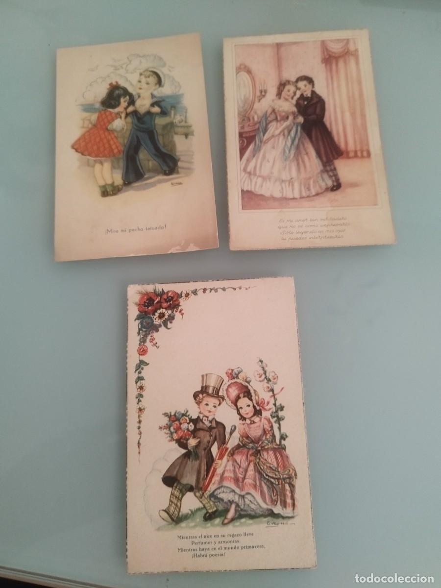Postales: 3 tarjetas postales de caricatura infantiles rom&aacute;nticas. Galante y mujer.