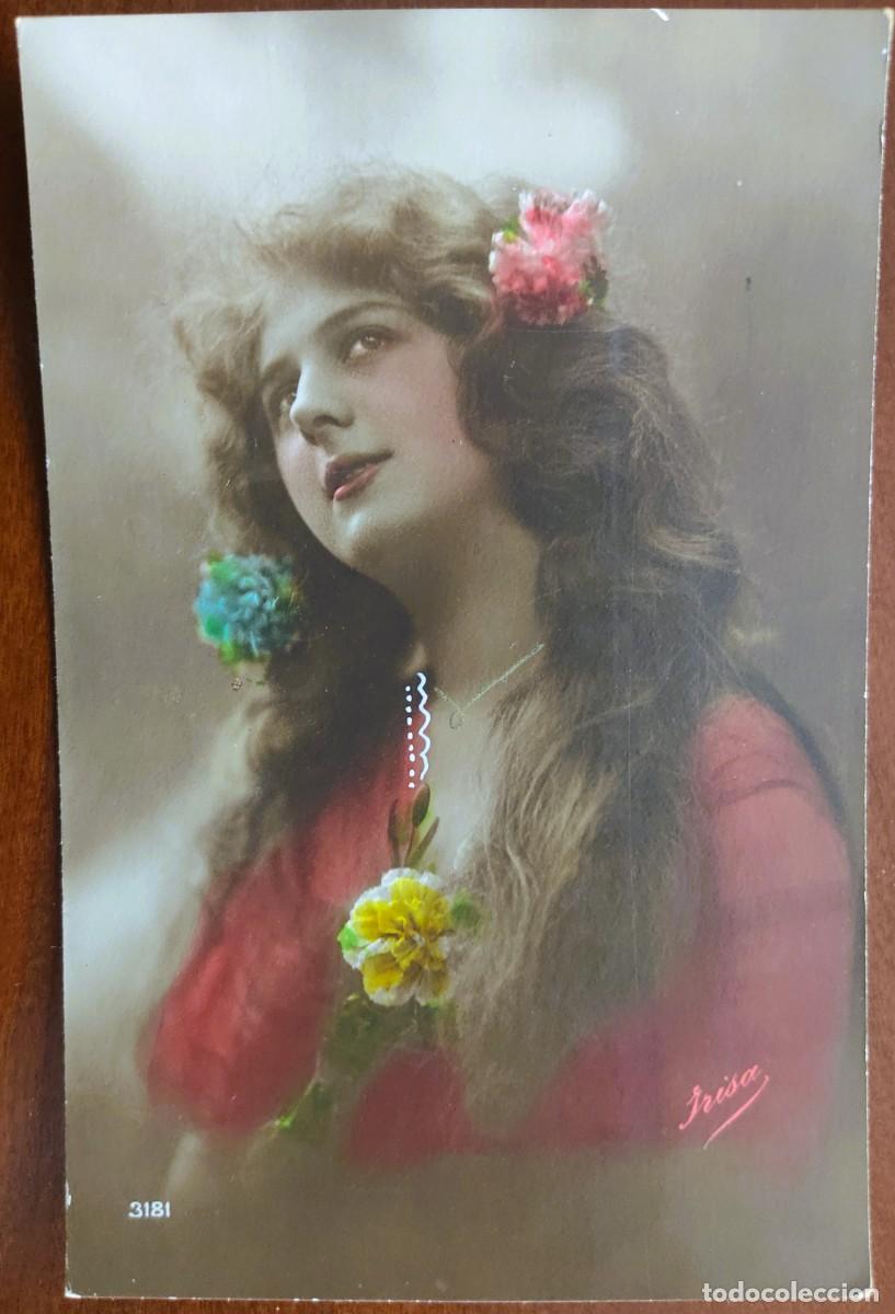 Postales: POSTAL COLOREADA DE UNA JOVEN - IRISA 3181 - CIRCULADA A MANRESA A&Ntilde;O 1918