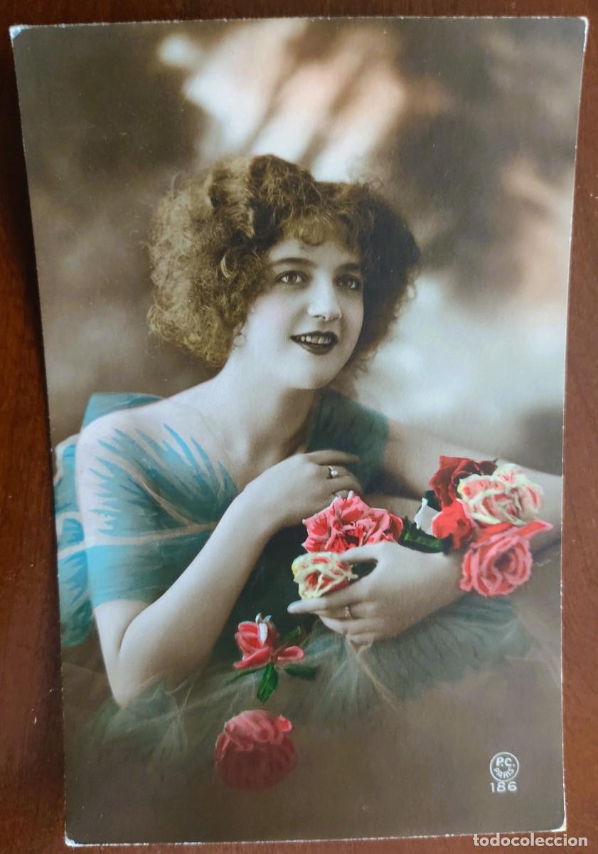 Postales: POSTAL COLOREADA DE UNA JOVEN - P.C. PARIS 186 - CIRCULADA A MANRESA A&Ntilde;O 1921