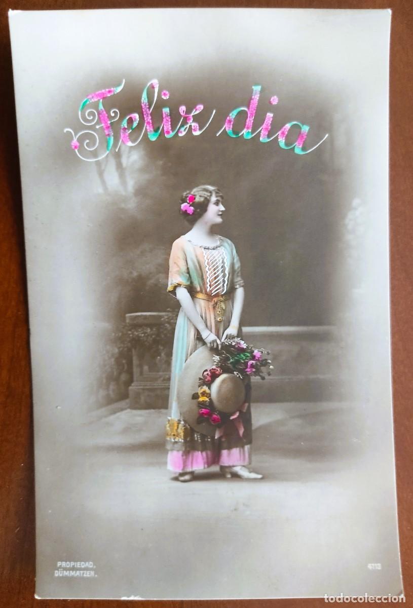 Postales: POSTAL COLOREADA DE UNA JOVEN FELIZ D&Iacute;A - PROIEDAD D&Uuml;MMATZEN 4113 - FECHADA 1913