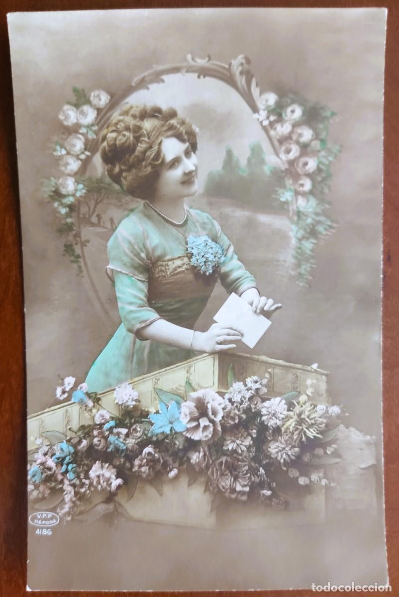 Postales: POSTAL COLOREADA DE UNA JOVEN - V.P.F. D&Eacute;POS&Eacute; 4186 - FECHADA 1916