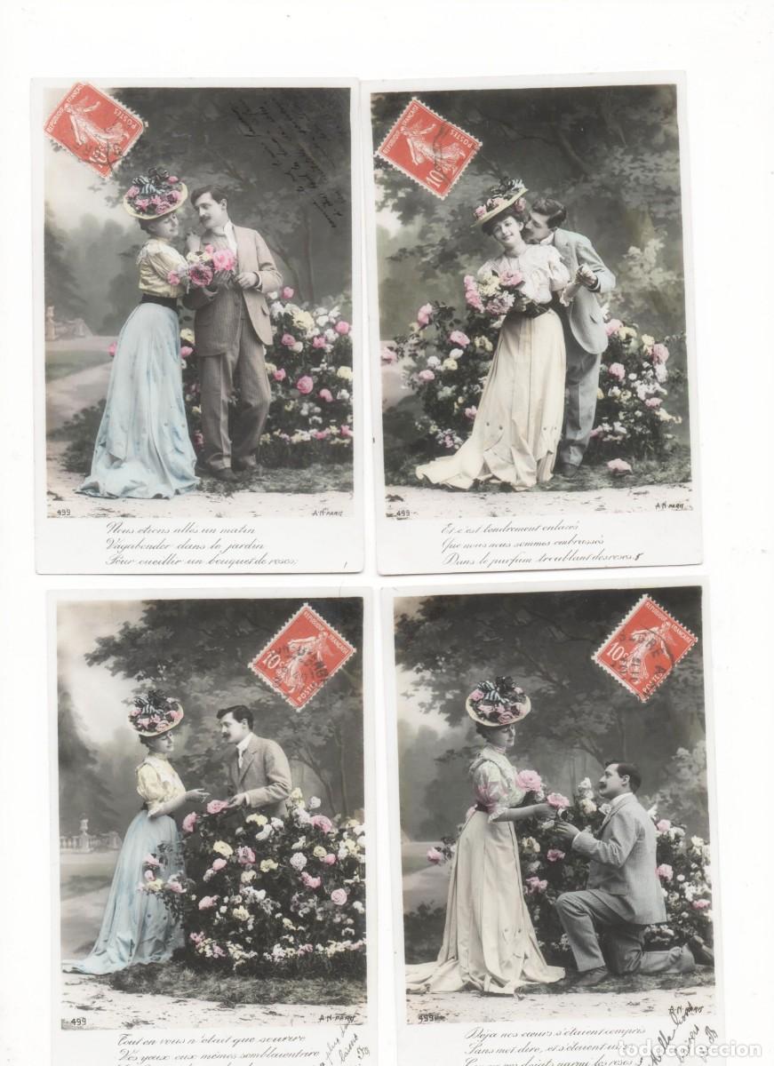 Postales: Serie de 5 Postales francesas principios del XX- rom&aacute;ntica- circulada-