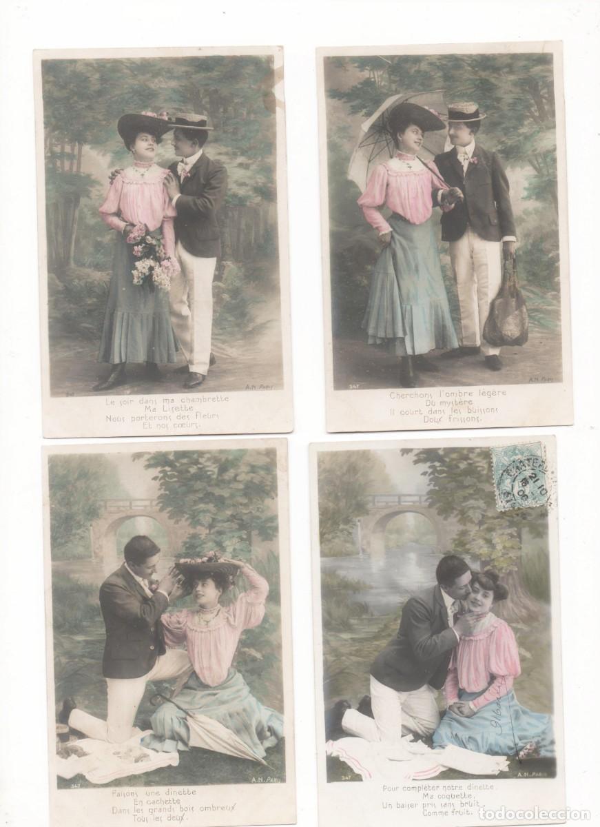 Postales: Serie de 5 Postales francesas principios del XX- rom&aacute;ntica- circulada-
