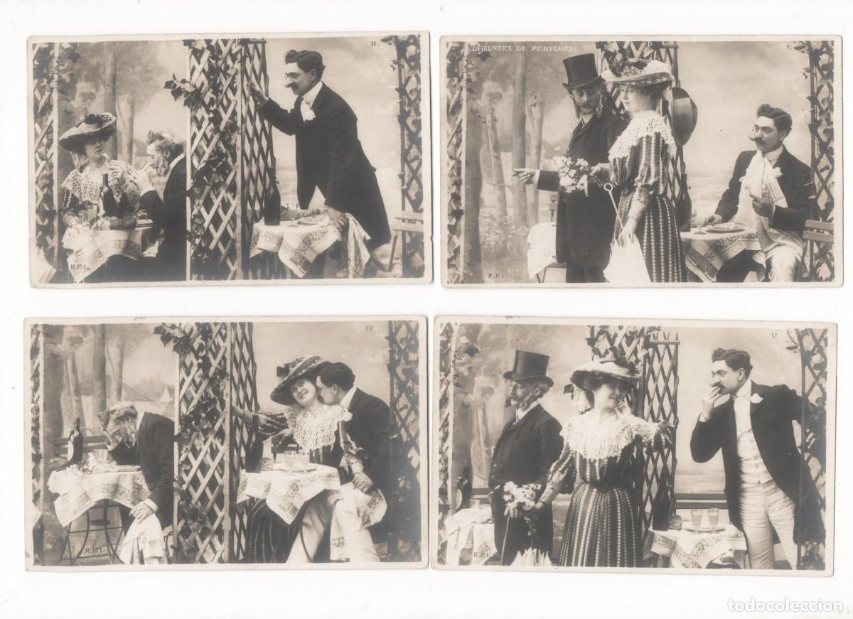 Postales: Serie de 5 Postales francesas principios del XX- rom&aacute;ntica- circulada-sin separaci&oacute;n en el reverso