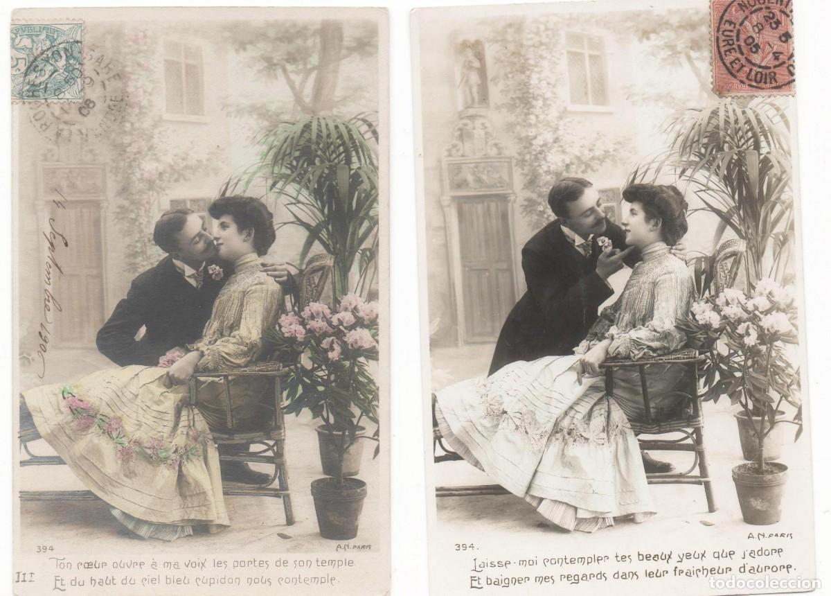 Postales: Serie de 2 Postales francesas principios del XX- rom&aacute;ntica- circulada-