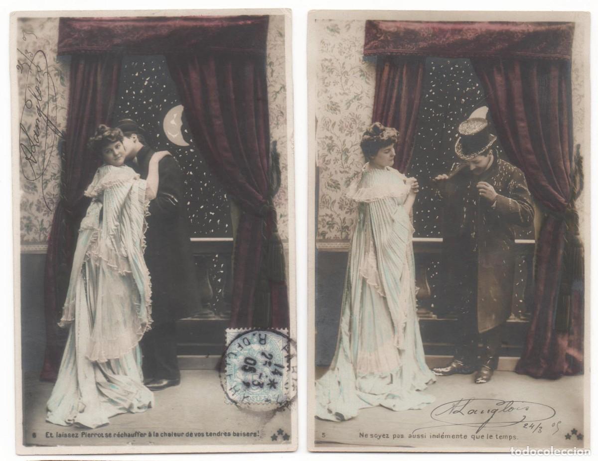 Postales: Serie de 2 Postales francesas principios del XX- rom&aacute;ntica- circulada-