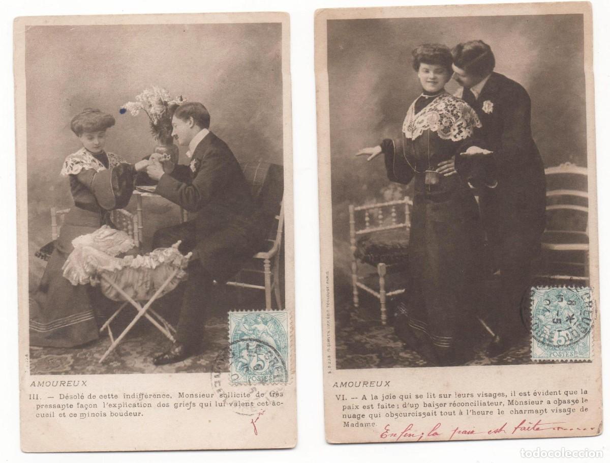 Postales: Serie de 2 Postales francesas principios del XX- rom&aacute;ntica- circulada-